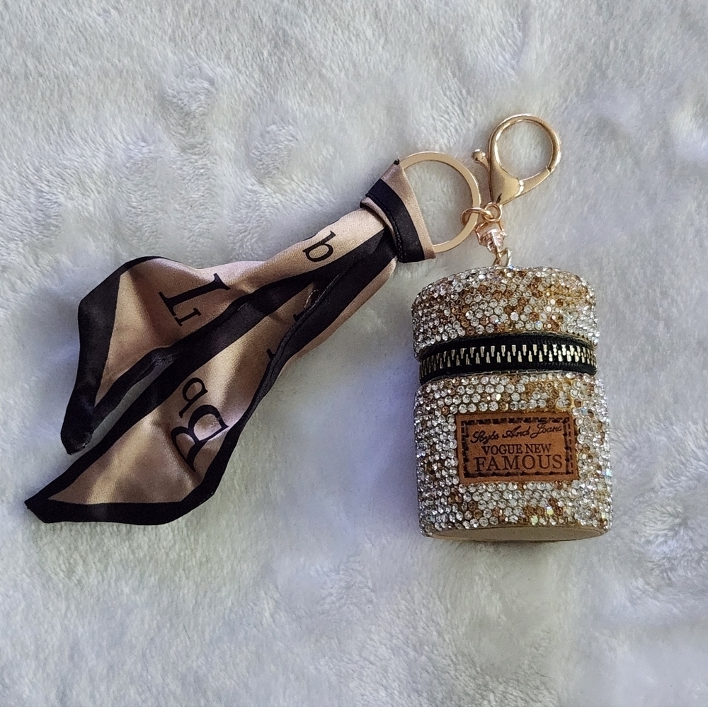 Gold Rhinestone Cylindrical Purse Charm Keychain with Scarf